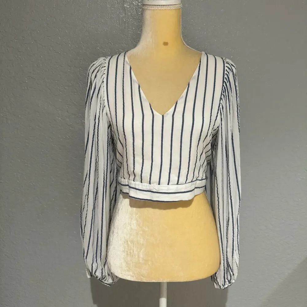 Zara White Striped Seersucker Balloon Sleeve Crop Top Size S White/Blue
